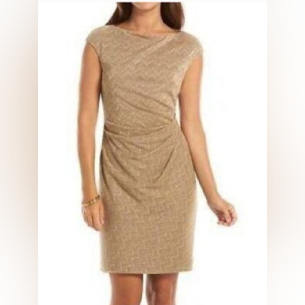 Chaps Ralph Lauren GOLD Cap-Sleeve Midi Sheath Dress. New With Tags. Size 12